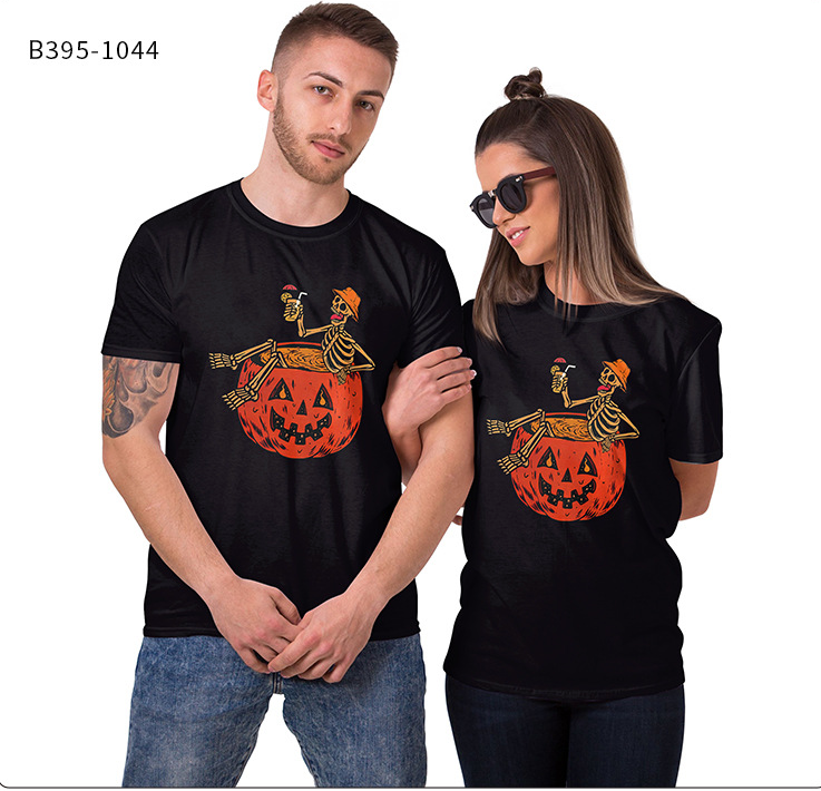 Women's Horror Pumpkin Skeleton Digital Printed Round Neck Short Sleeve