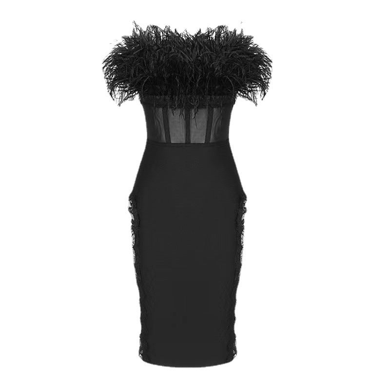 European And American Fashion Sexy Tube Top Ostrich Feather Mesh Lace Bandage One-piece Dress