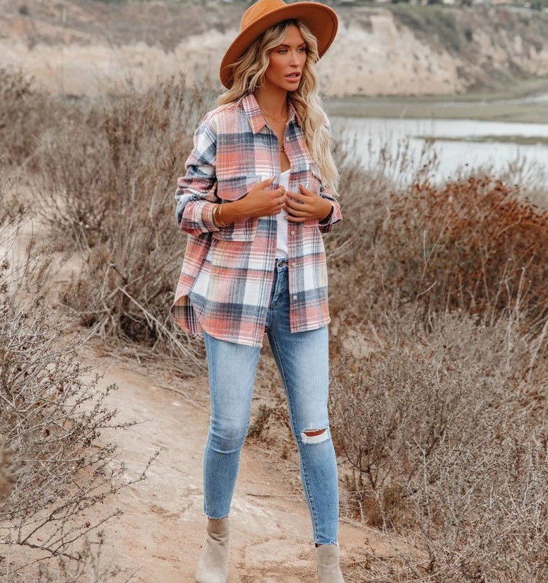 Women's Fashion Mid-length Large Pocket Plaid Shirt