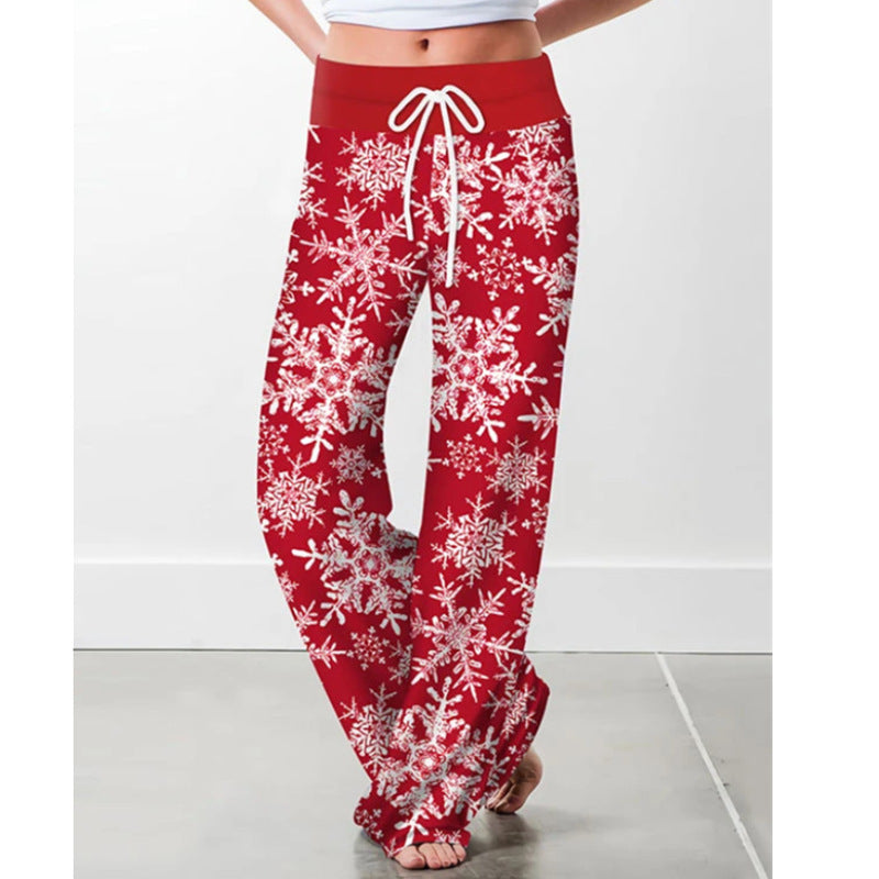 Women's Tied High Waist Christmas Printed Casual Trousers