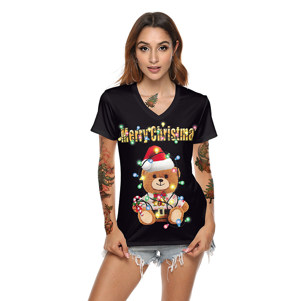 Women's Christmas Digital Printed V-neck T-shirt