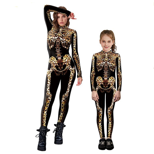 Halloween Parent-child Leopard Skeleton Printing One-piece