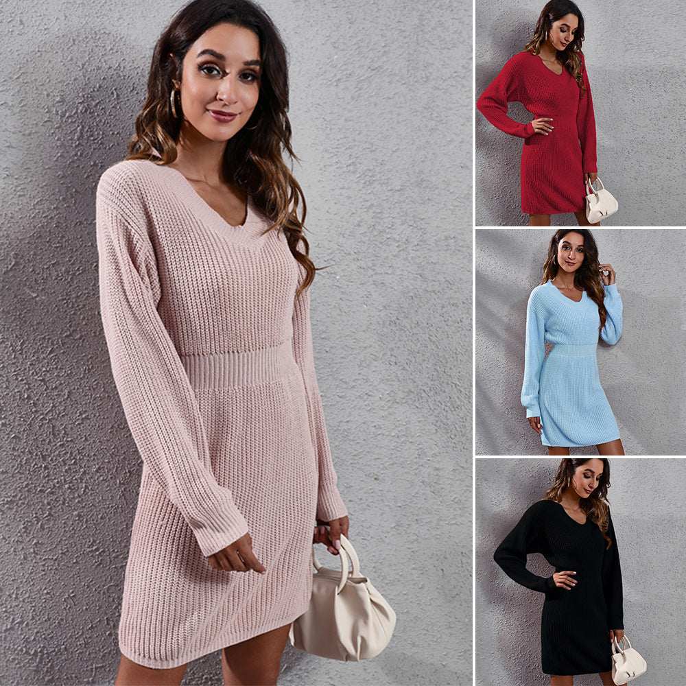 V-neck Drop-shoulder Long-sleeve Waist-tight Woolen Dress