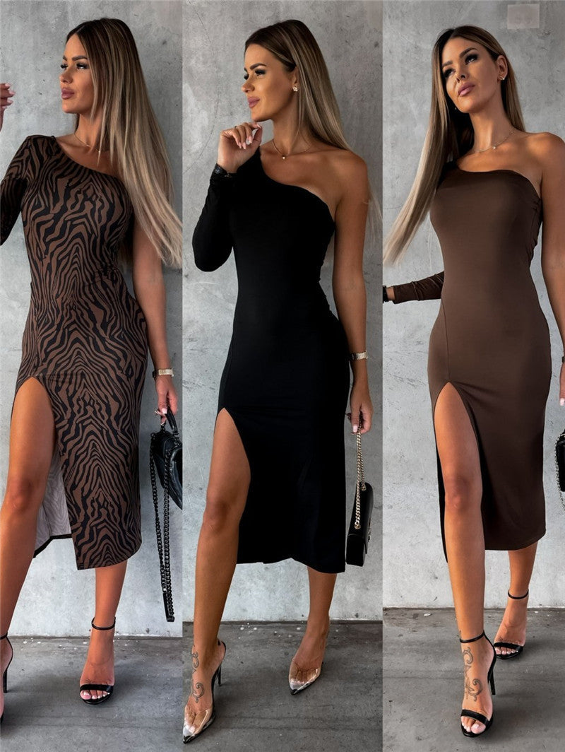 Women's Long-sleeved Off-shoulder Slim Fit Slit Dress