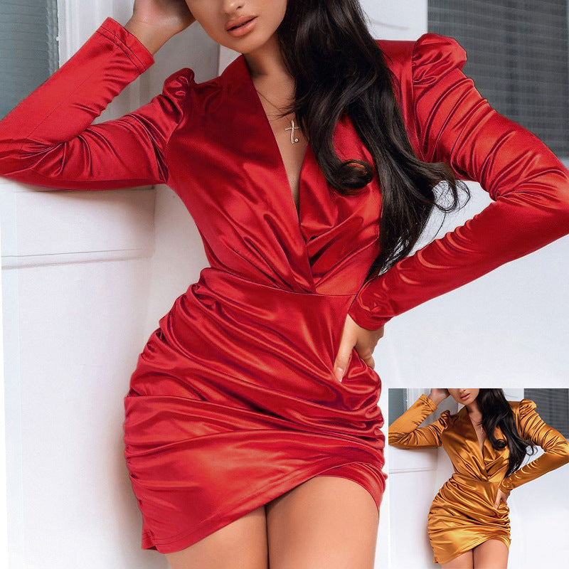 Women's Fashion V-neck Long Sleeve Short Dress