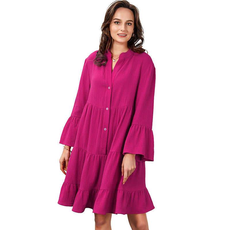 Solid Color Shirt Dress Women's Simple Pleated Loose