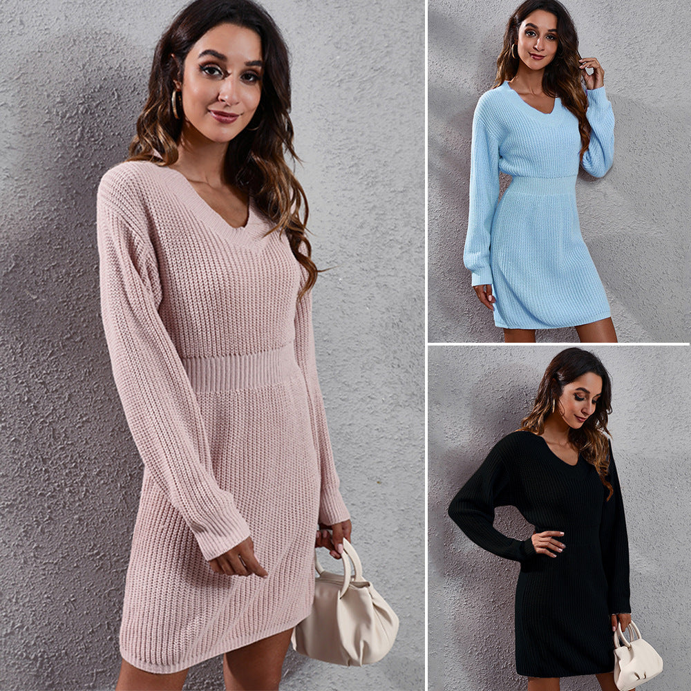 V-neck Drop-shoulder Long-sleeve Waist-tight Woolen Dress