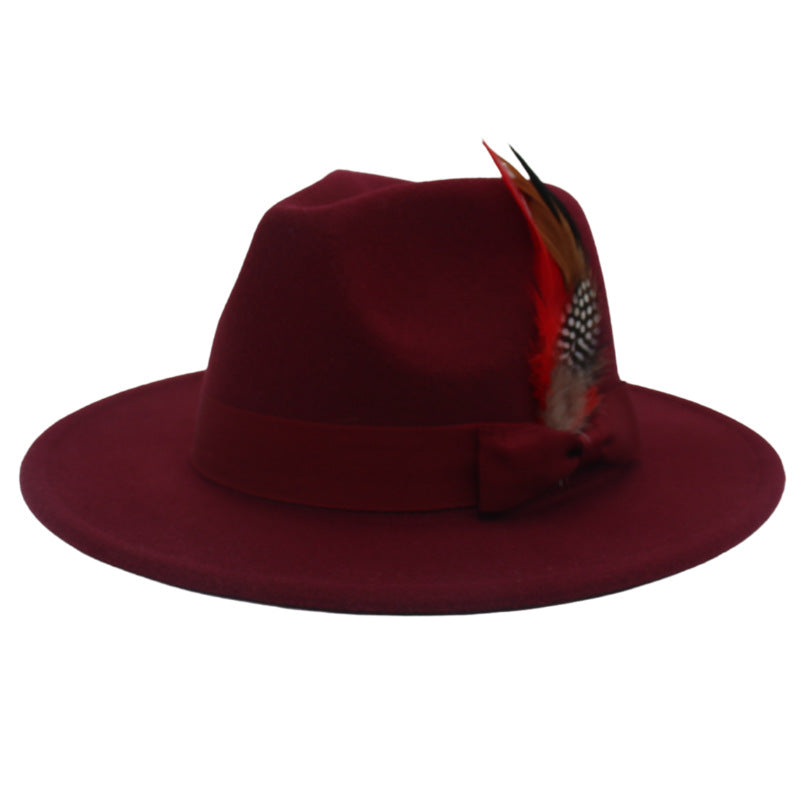 Bow Feather Autumn And Winter Broad-brimmed Hat European And American Style Cashmere Felt Cap