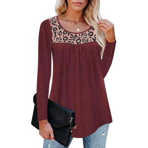 Women's Leopard Splicing Loose Round Neck Long Sleeve T-shirt