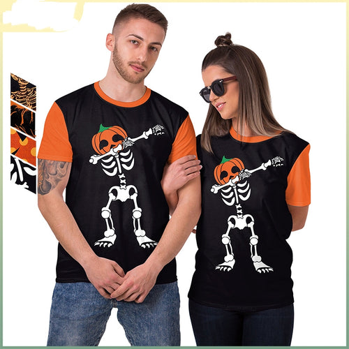 Women's Horror Pumpkin Skeleton Digital Printed Round Neck Short Sleeve