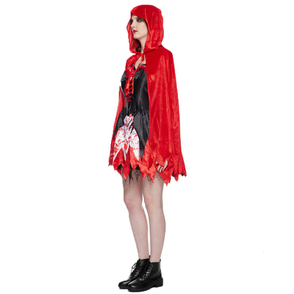 Spot Halloween New Classic Little Red Riding Hood Cosplay Clothes Bloodstain Horror Performance Costumes Witch Suit Dress