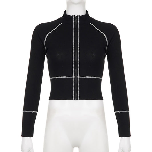 Camisa de manga larga ajustada con cremallera y contraste de color informal a la moda para mujer