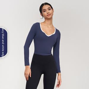 Women's Fashion Casual Contrast Color V-neck Yoga Clothes Long Sleeve