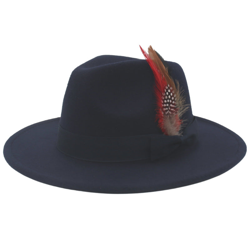 Bow Feather Autumn And Winter Broad-brimmed Hat European And American Style Cashmere Felt Cap