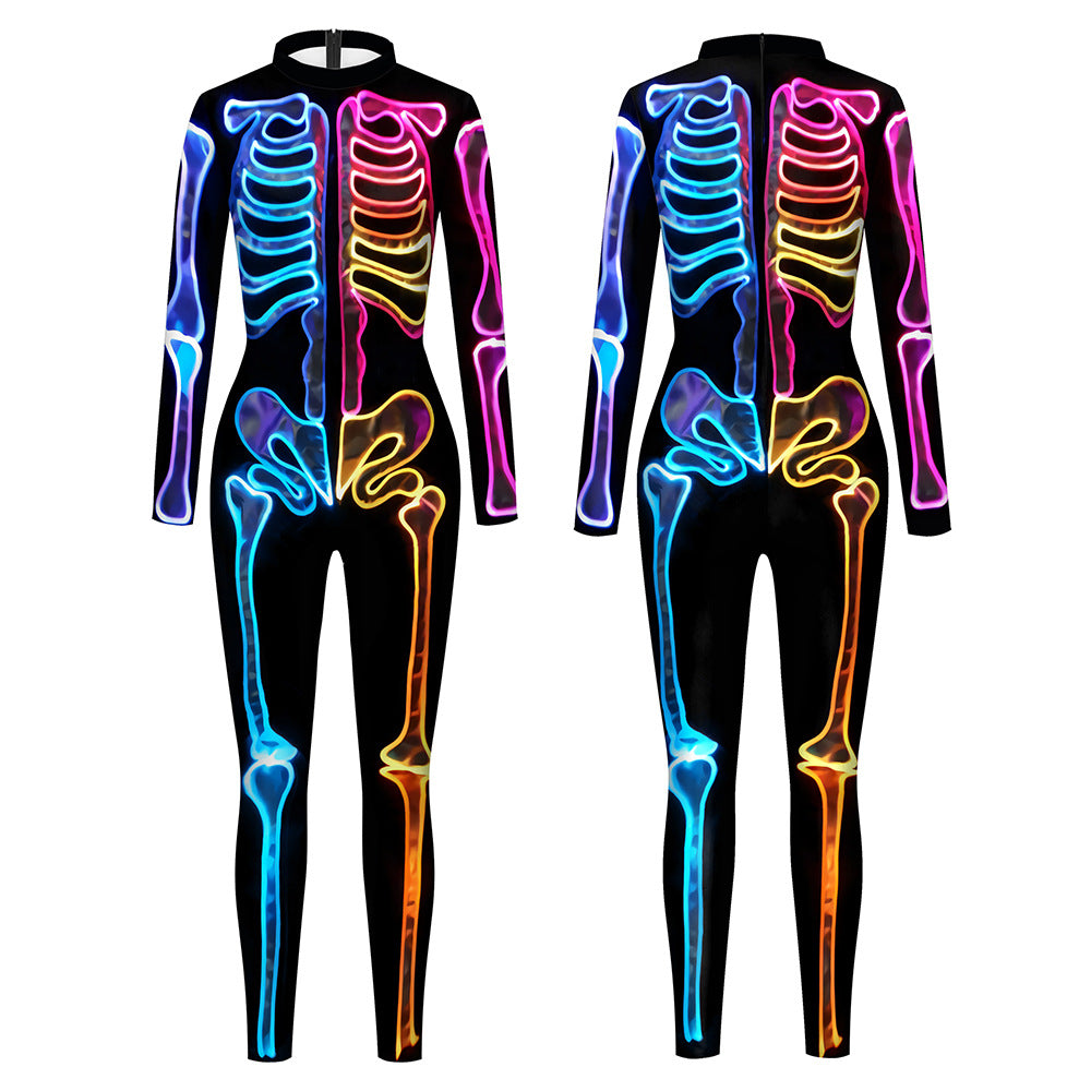 Halloween Colorful Skeleton Printing Long Sleeve Tights Women's Bodysuit