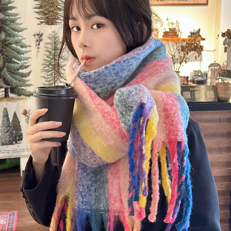 Colorful Striped Scarf For Women In Winter Versatile