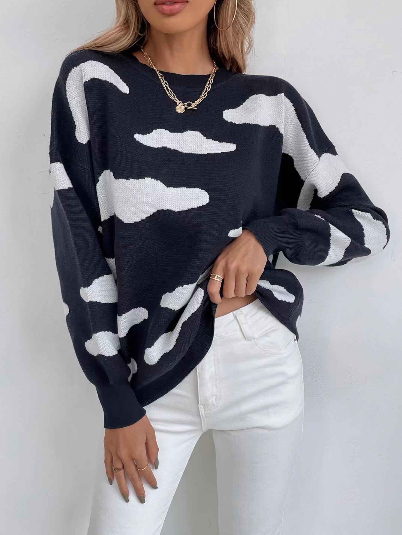 Women's Fashion Long Sleeve Round Neck Color Clash Jacquard Sweater