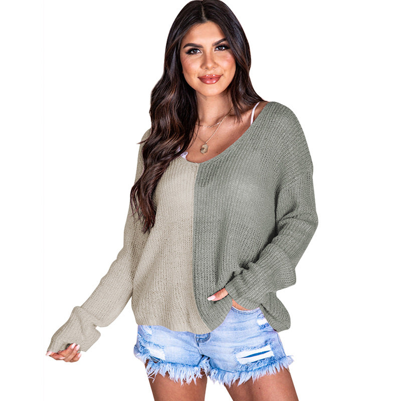 Women's Contrast Color V-neck Long-sleeved Pullover Sweater