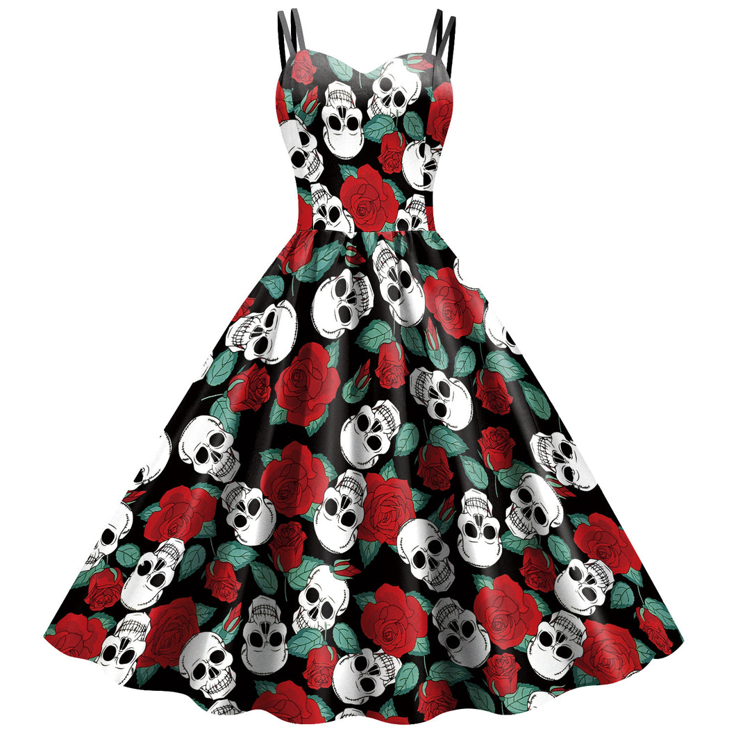 Halloween New Style Skirt Strap Skeleton Skull Head Digital Print Dress