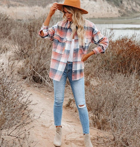 Women's Fashion Mid-length Large Pocket Plaid Shirt