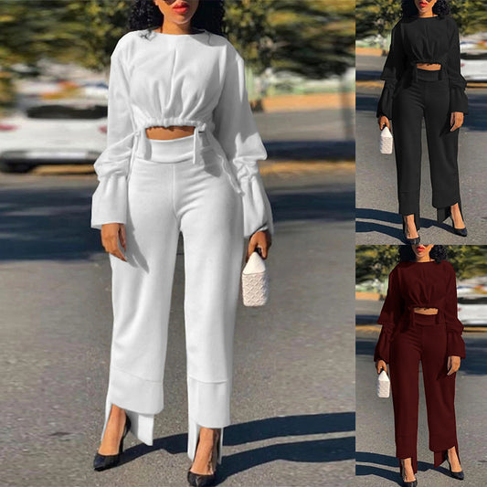 Short Top Casual High Waist Straight Pants Suit