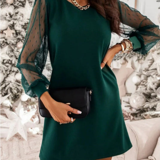 Women's Mesh Stitching Long Sleeves Elegant Dress