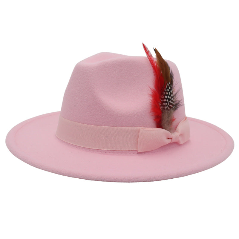 Bow Feather Autumn And Winter Broad-brimmed Hat European And American Style Cashmere Felt Cap