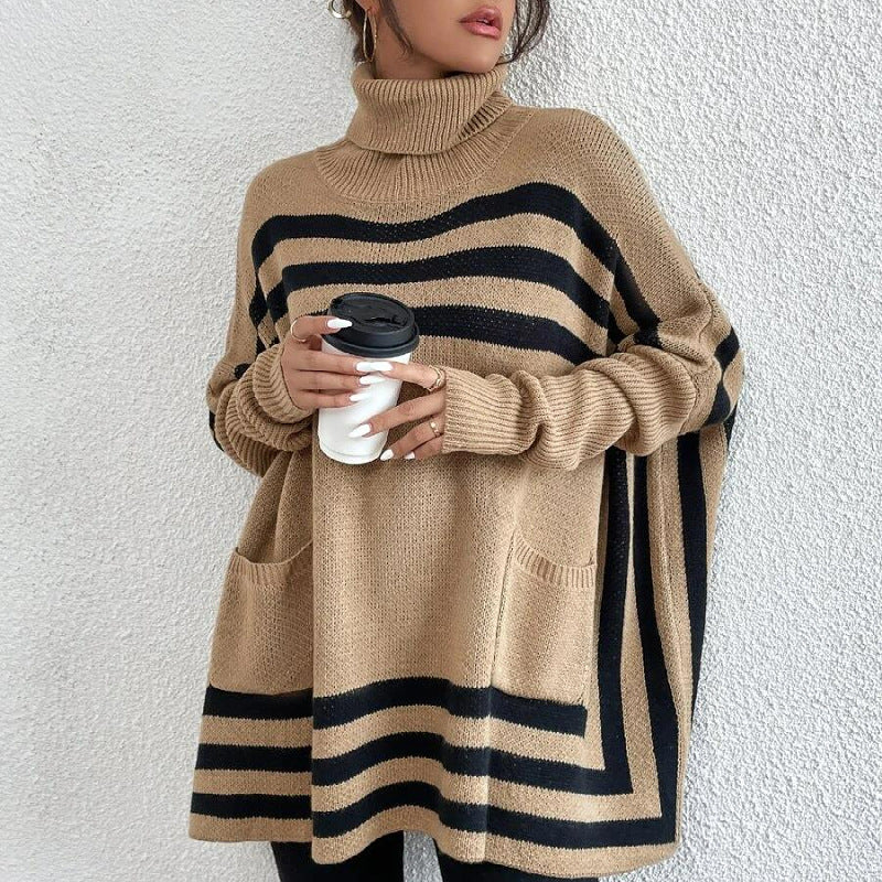 Women's High Neck Striped Bat Sleeve Cape Shawl Sweater