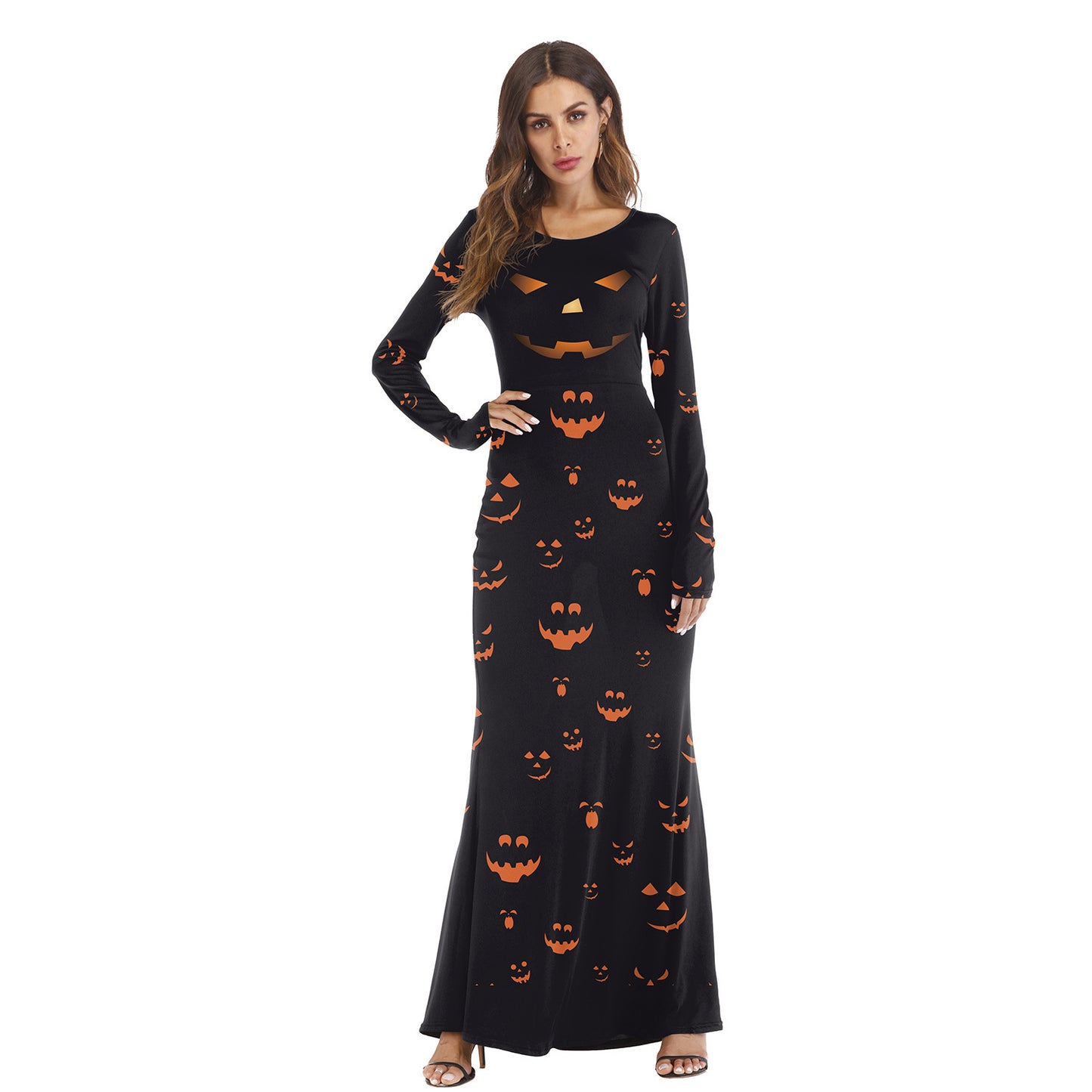 Women's Round Neck And Long Pattern Long-sleeved Pumpkin Digital Printed Dress