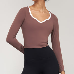 Women's Fashion Casual Contrast Color V-neck Yoga Clothes Long Sleeve