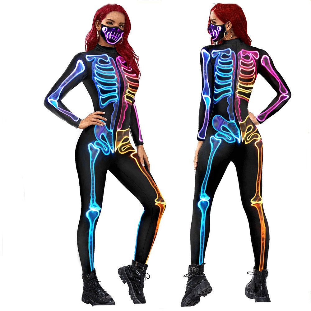 Halloween Colorful Skeleton Printing Long Sleeve Tights Women's Bodysuit