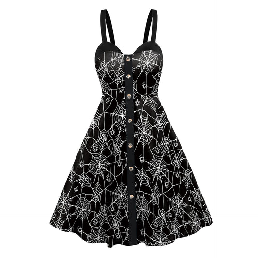 Women's Skeleton Spider Web Digital Printing Slip Dress