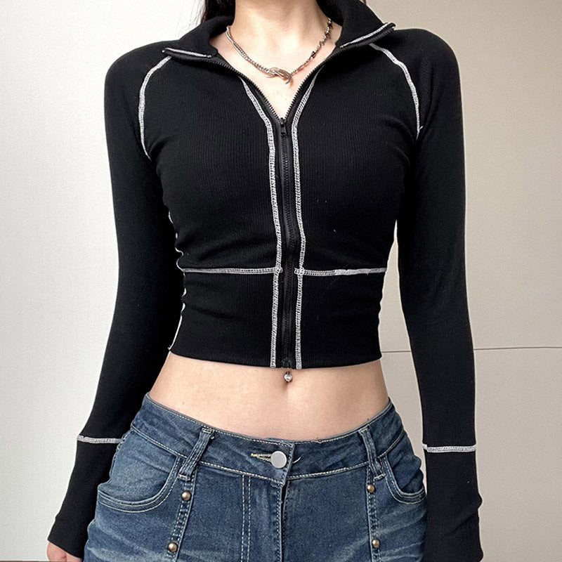 Women's Fashion Casual Contrast Color Zipper Tight Long Sleeve Shirt