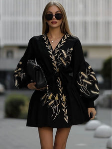 Fashion Printed Wide Hem Long Sleeve Dress