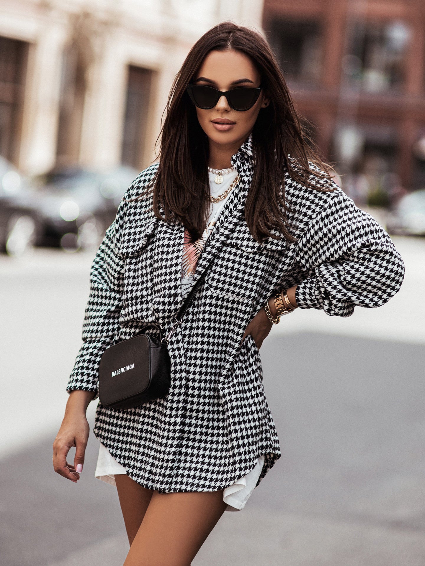 Women's Fashion Houndstooth Brushed Woolen Shirt