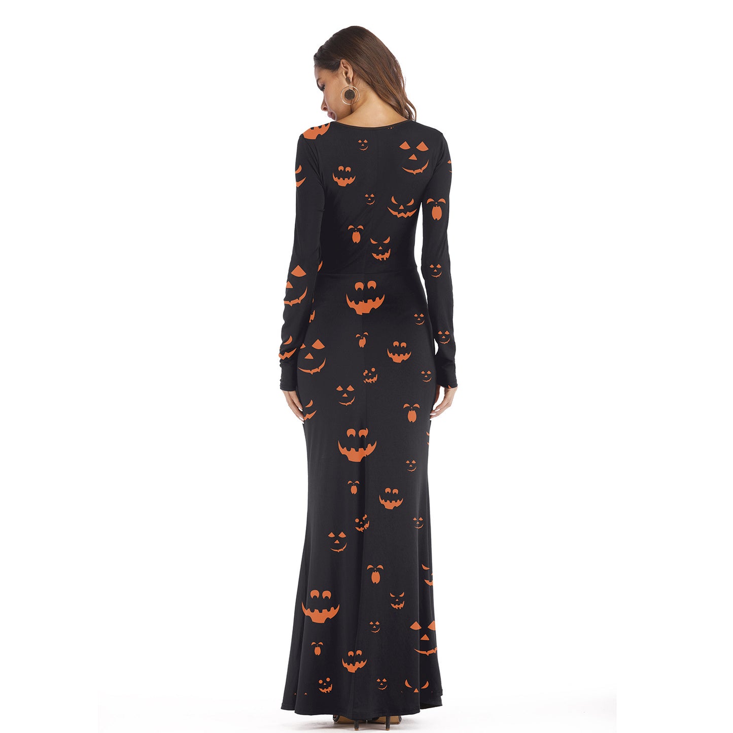 Women's Round Neck And Long Pattern Long-sleeved Pumpkin Digital Printed Dress