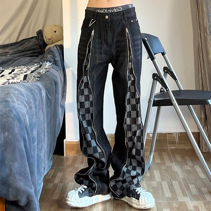 Stylish Personality Chequered Patchwork Jeans