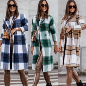 Printed Mid-length Plaid Wool Coat Women