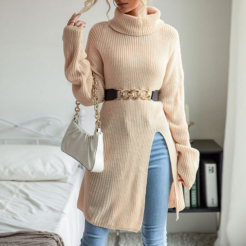 European And American Fashion Women's Wear Pure Color Split Long Sleeve High Collar Sweater Dress