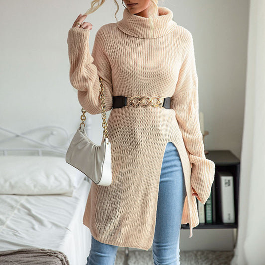 European And American Fashion Women's Wear Pure Color Split Long Sleeve High Collar Sweater Dress