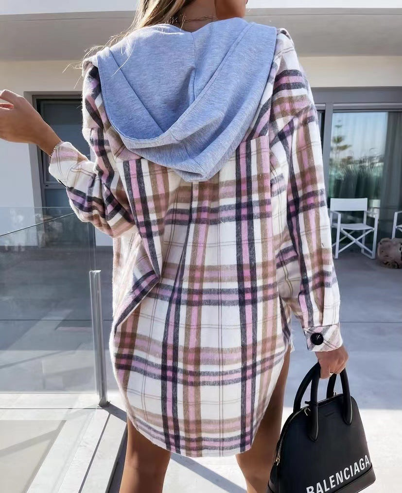 Women's Fashion Hooded Woolen Plaid Shirt