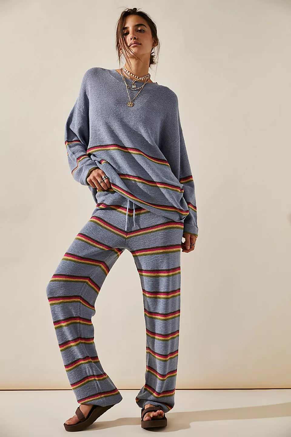 European And American Temperament Crew Neck Long Sleeve Striped Two-piece Outfit Set