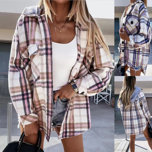 Women's Fashion Hooded Woolen Plaid Shirt