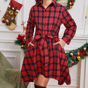 Clothing Christmas Series Dress Lapel Plaid Drawstring Long Sleeve Dress