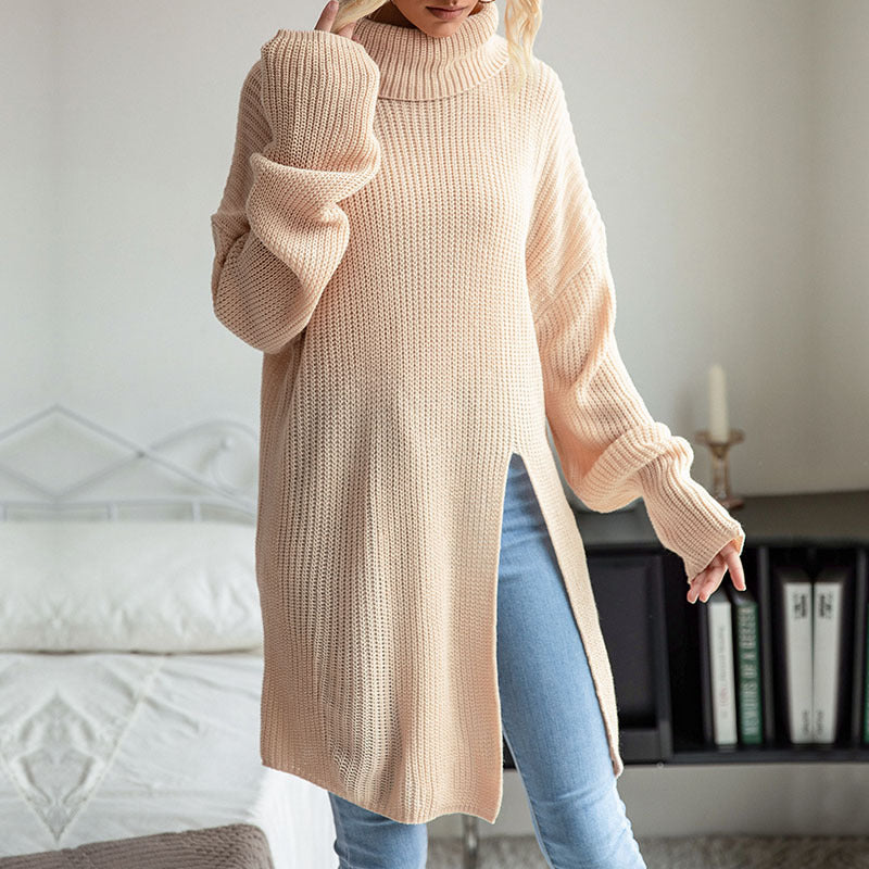 European And American Fashion Women's Wear Pure Color Split Long Sleeve High Collar Sweater Dress