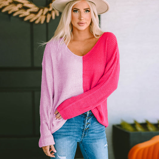 Women's Contrast Color V-neck Long-sleeved Pullover Sweater