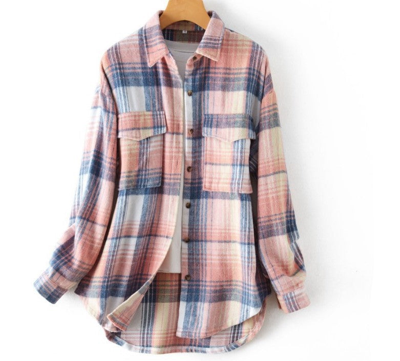 Women's Fashion Mid-length Large Pocket Plaid Shirt