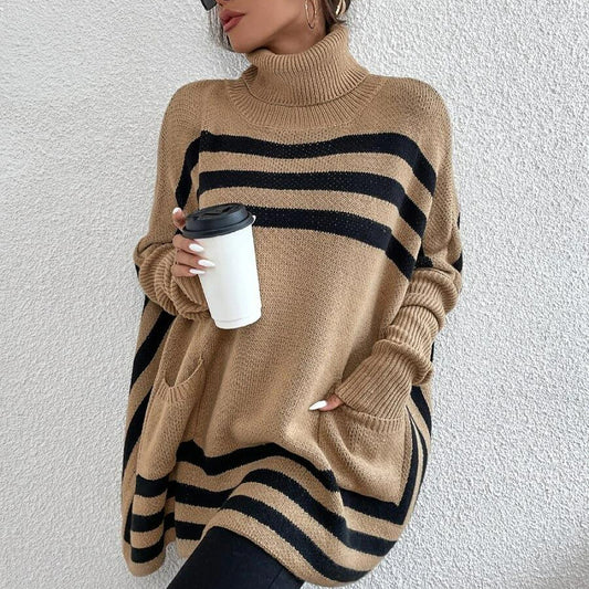 Women's High Neck Striped Bat Sleeve Cape Shawl Sweater