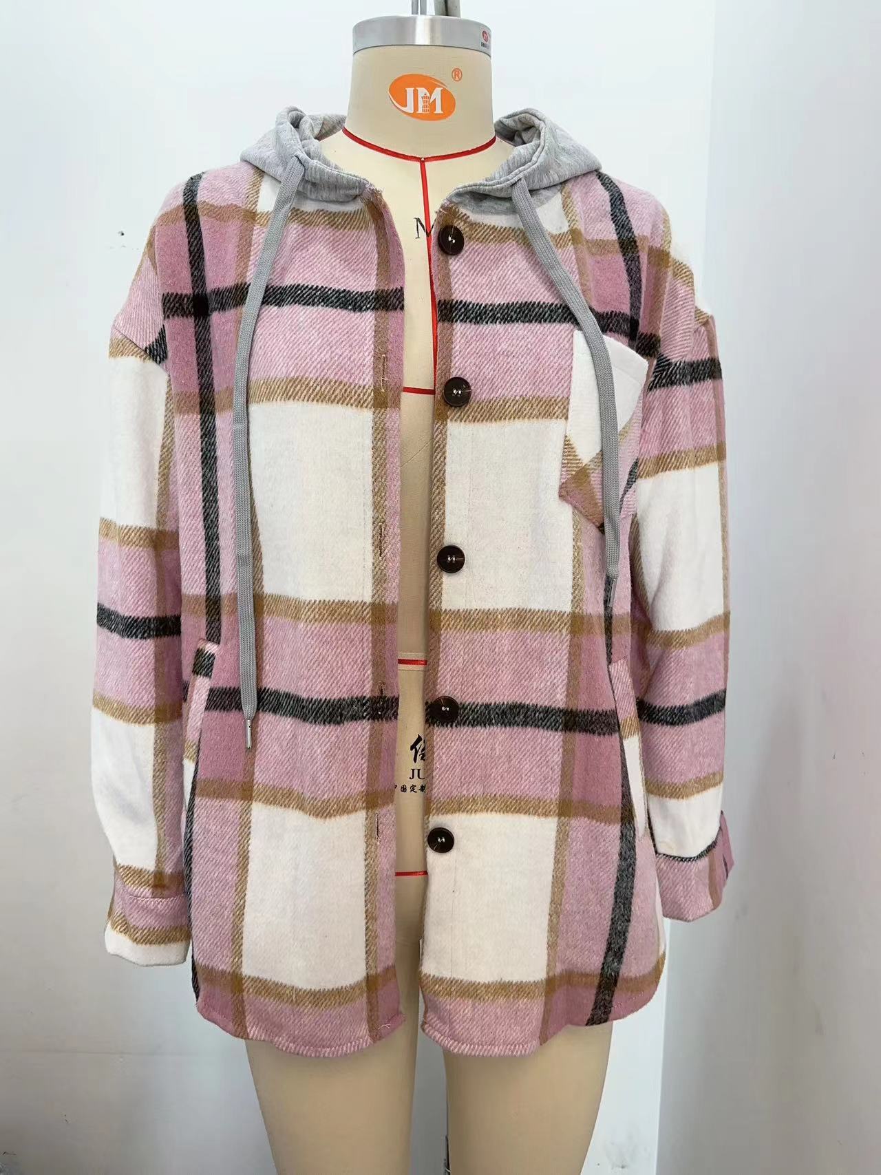 Ladies Hooded Casual Mid-length Plaid Shirt