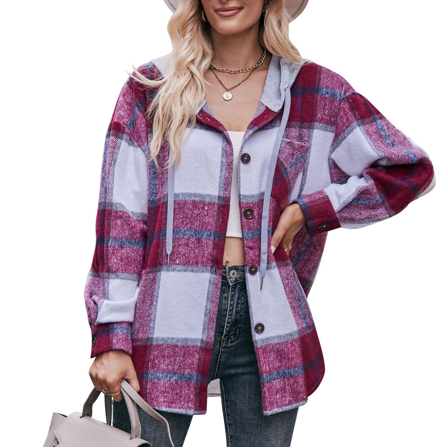 Ladies Hooded Casual Mid-length Plaid Shirt